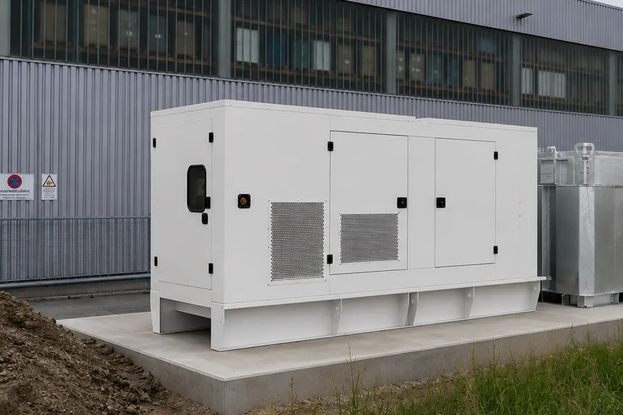 Stationäres Diesel-Aggregat mit Tankanlage auf Betonfundament vor einer Betriebshalle