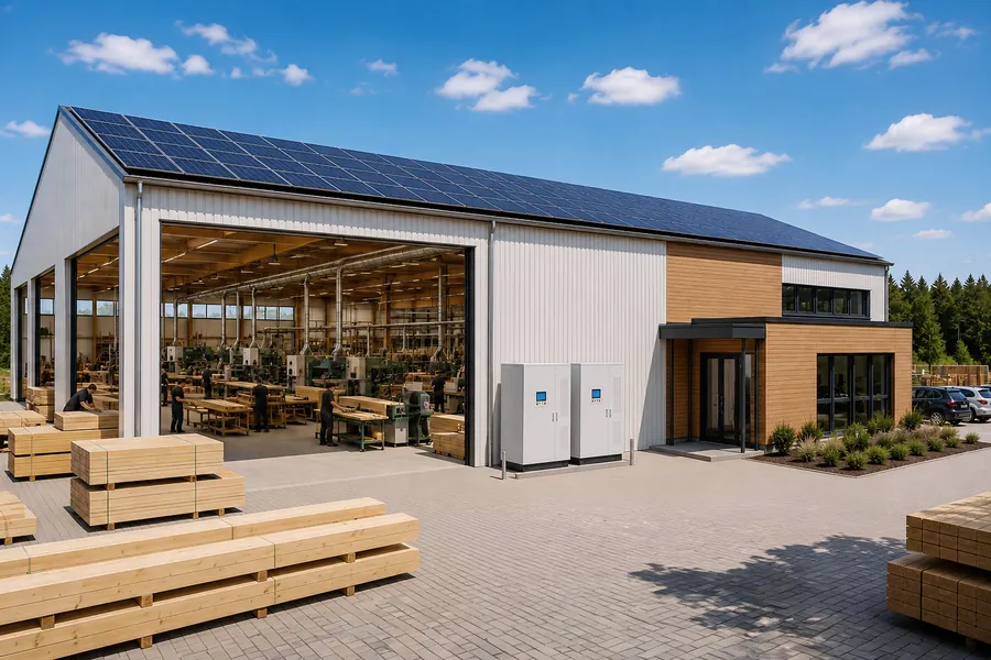 Batteriespeicher an einer Gewerbehalle mit PV-Dach