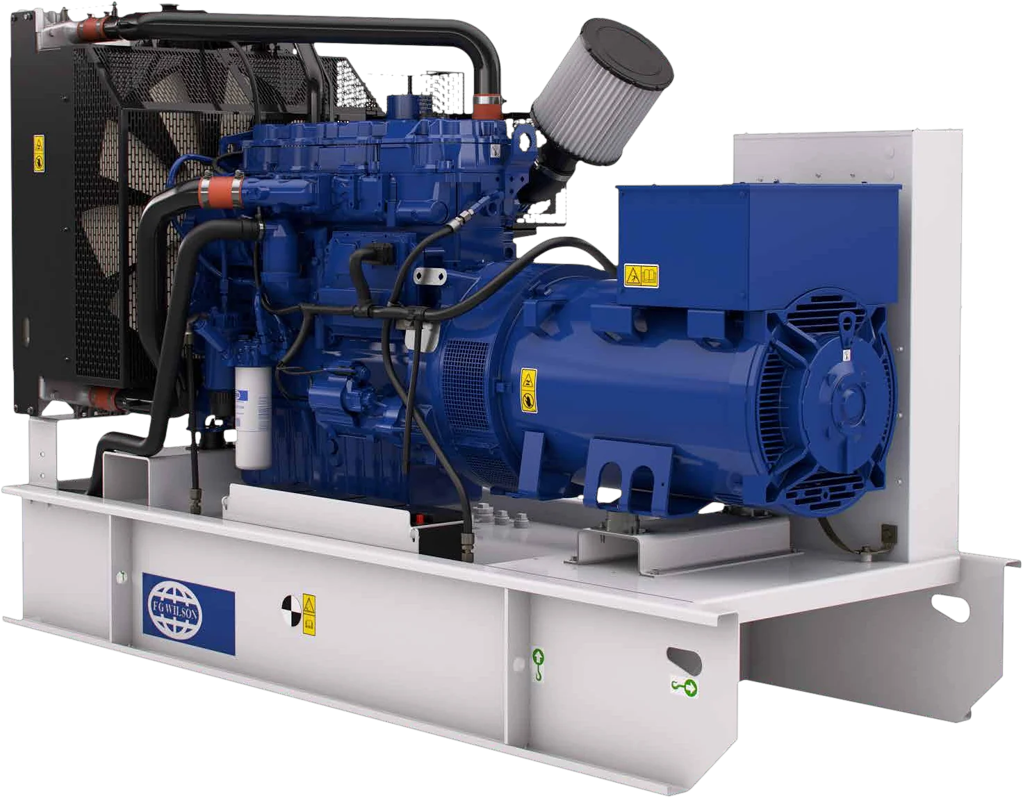 Offenes FG Wilson Diesel-Stromaggregat mit Motor und Generator, erhältlich bei Power2Energy