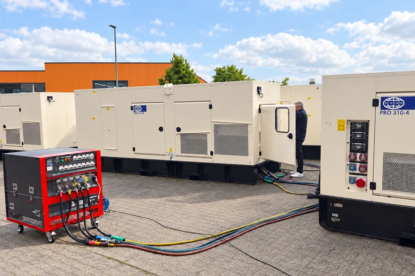 Mobile Lastbank mit angeschlossenen Lastkabeln vor einem FG Wilson PRO 310-4 Diesel-Aggregat auf dem Hof
