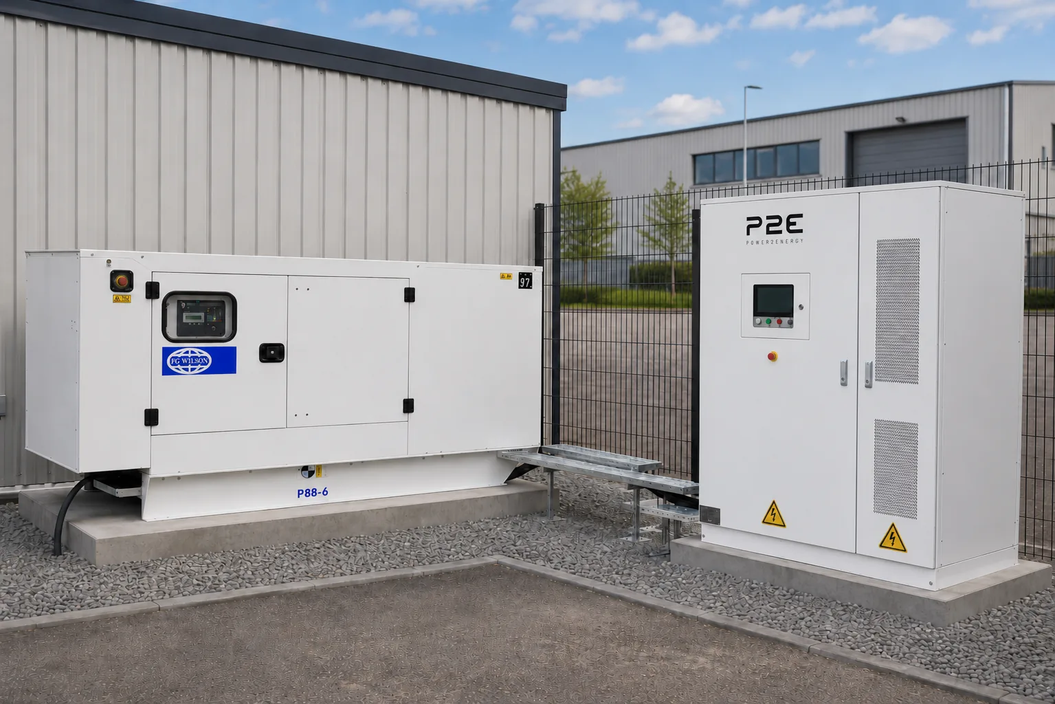 FG Wilson Diesel-Notstromaggregat mit Power2Energy-Speicher an einer Gewerbehalle